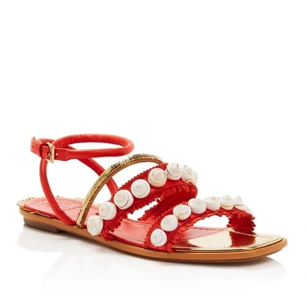 Tory Burch || Sinclair‎ Seashell Sandal Strappy Fringe Gold Orange Red 7.5
